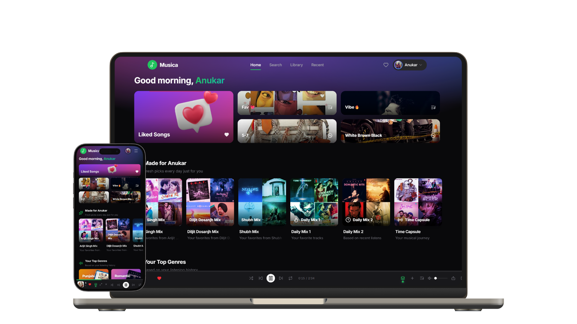 Musica on laptop and phone